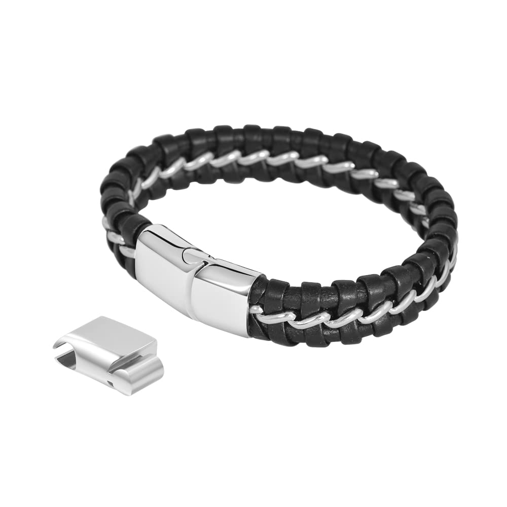 Magna Steel Men's Braided Genuine Leather Wristband Cuff Bracelet, Silver