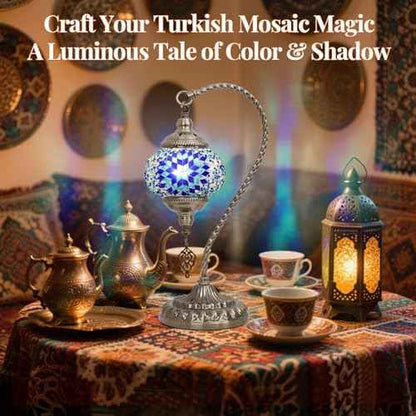 DIY Turkish Mosaic Lamp Kit, Swan-Neck Stained Glass Lamp Making Kit- Easy,Fun,No Experience Needed, Mosaic Art & Craft Project Kits for Adults & Teens, Make Your Own Table Lamp,Blue