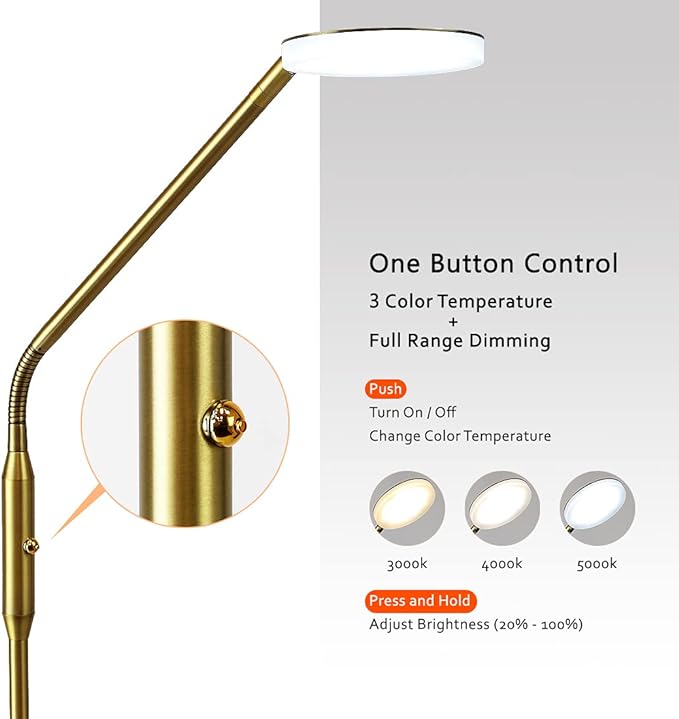 O’Bright Moon - Dimmable LED Floor Lamp, Adjustable Color Temperature for Bedside Reading, Work Light, Art/Crafting Light, Sewing, 360° Flexible Gooseneck, Rotatable Lighting, Antique Brass
