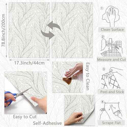 Leaf Peel and Stick Wallpaper Boho 17.3"x78.7" Plant Beige and White Wallpaper Removable Self Adhesive Wall Paper for Bedroom Beige Leaves Contact Paper for Cabinets Vinyl Film Roll