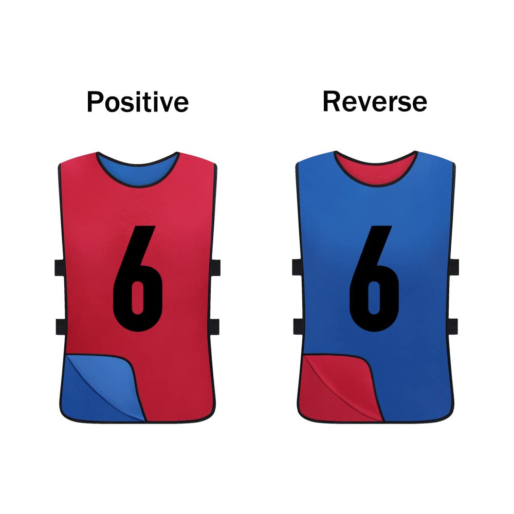 Saaifuu 12 Pack Reversible Numbered Pinnies, Double Sided Scrimmage Vest,Team Practice Jerseys for Kids and Adult(Red/Dark Blue, L)