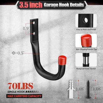 Nacial 10 Pack Garage Hooks Heavy Duty, 15" & 3.5" Kayak Storage Hooks with EVA Pads, 100LBS Capacity Large Garage Hooks for Hanging Bikes, Kayak Folding Chairs and Hanging Ladders