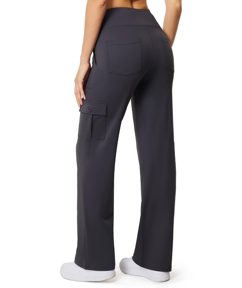 Casei Women's Wide Leg Yoga Pants with 6 Pockets Stretchy Cargo Work Dress Pants High Waisted Travel Scrub Trousers,Dark Gray(L)