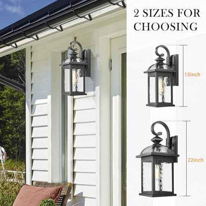 Darkaway Outdoor Lights Fixture Wall Mount, Exterior Wall Light with Water Ripple Glass Waterproof Black Outside Wall Sconce for House Porch Hallway Garage