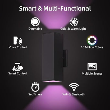 KIZON Smart Porch Lights 2 Pack, Modern Dusk to Dawn Exterior Lighting Fixtures Color Changing App Control with Remote, Dimmable RGB Outdoor Wall Lights for House Patio Garage Theater, ETL Listed