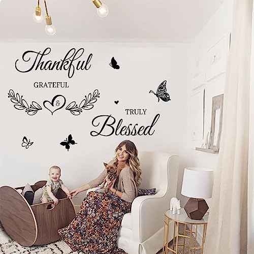 Inspirational Quote Wall Decor Thankful Grateful Blessed Wall Decal Quote Faith Vinyl Lettering Wall Stickers for Home Decor Living Room TV Background Home Decoration