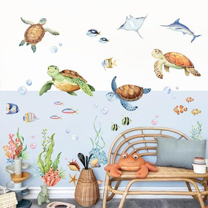 Under The Sea Wall Decals, Sea Turtles Jellyfish Wall Stickers Rays Coral Seaweed Peel and Stick Wall Decal Self Adhesive Wall Art Sticker for Baby Nursery Kids Room Home Decor