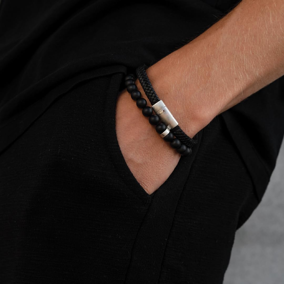 LUXAR Men’s Genuine Leather Bracelet | Interwoven Black Leather Bracelets with Brush Stainless Steel Clasp | Minimalist, Designer Jewelry for Men (Silver, Medium)