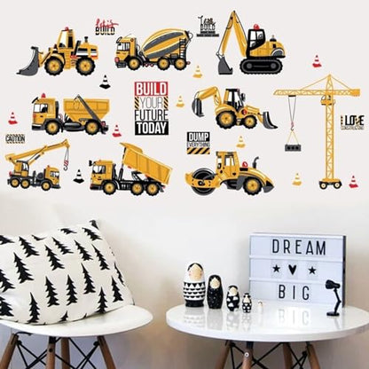 Construction Wall Stickers, Truck Digger Excavator Cartoon Engineering Car Decorative Wall Decals, Vinyl Peel Stick Decor Wall Decors for Kids Baby Bedroom Boys Room Nursery Playroom