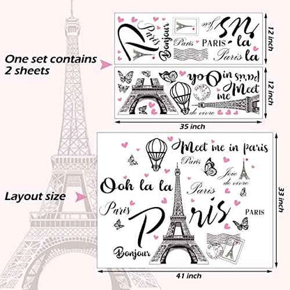 2 Sheets Paris Tower Wall Stickers Decor Paris Eiffel Tower Peel and Stick Wall Decal Large Black Removable Balloon Stickers for Bedroom Living Room Sofa Backdrop Romance Decoration