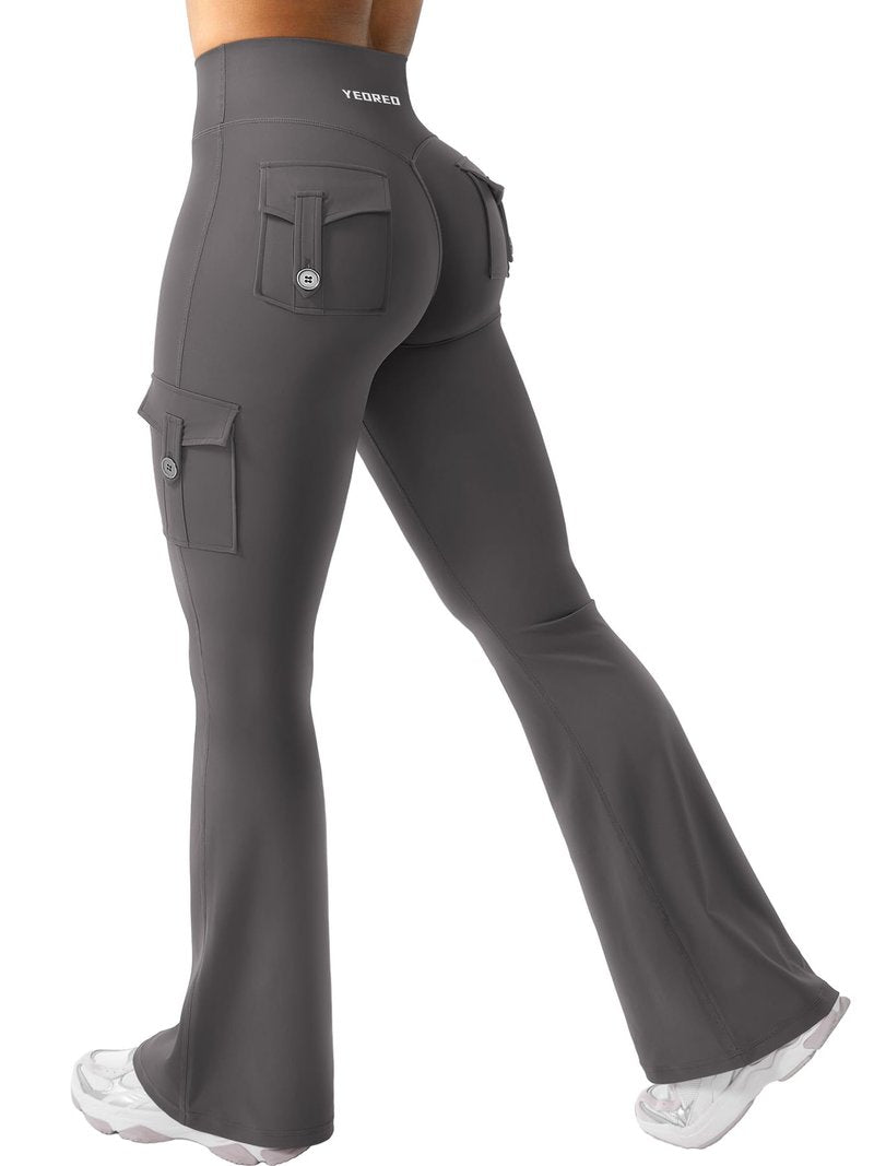 YEOREO CoreFlex Women Workout Flare Leggings with Pockets Hidden Scrunch High Waisted Cargo Gym Yoga Leggings Dark Grey XL