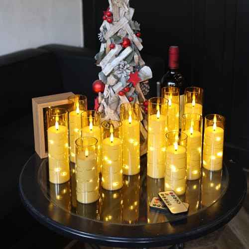 Da by Flameless Candles with Recessed String Light, Battery Operated Candles, Acrylic LED Pillar Candles with Remote Control and Timer, Golden, Set of 12