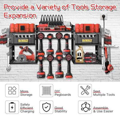 Power Tool Organizer Wall Mount, Large Tool Organizer with Charging Station, Heavy Duty Steel Cordless Drill Holder, 39 Inch Long Power Tool Battery Storage Rack with 8 Outlets Power Strip