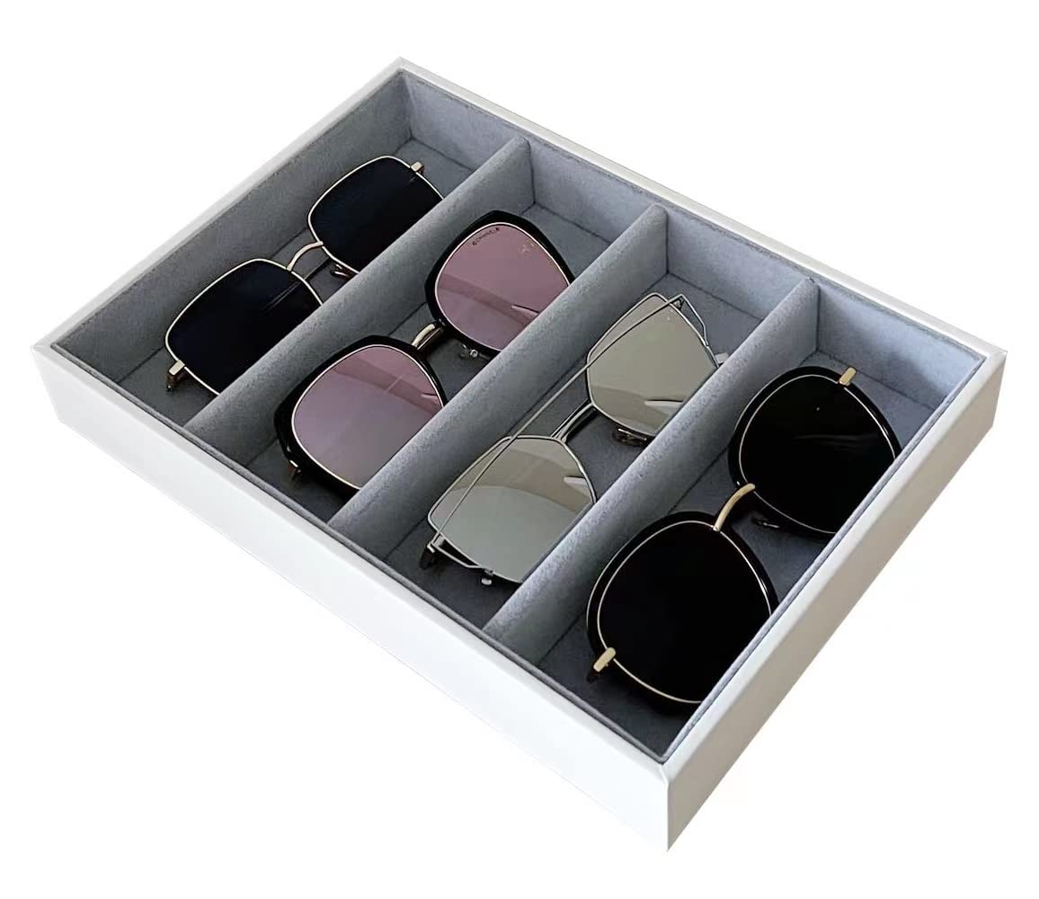 Premium Quality Sunglasses Eyewear 4 Slot Tray Organizer Display Navy Blue PU Leather Exterior Soft Velvet Liner Grey