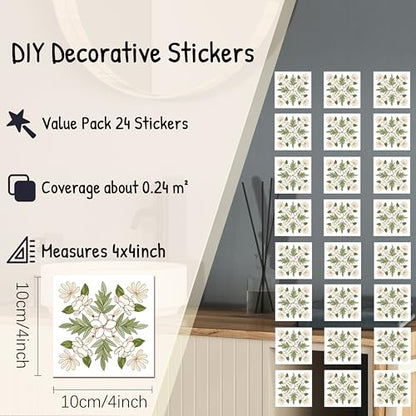 AMAZINGWALL Home Kitchen Backsplash Tile Squares Maile Leaf & Pikake Lei Peel and Stick Waterproof Bathroom Countertop Self Adhesive Decoration Mural Wall Sticker 4x4/pcs 24PCS