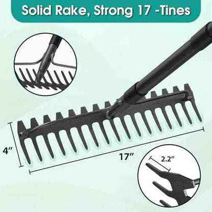Garden Rake:63 Inch Metal Garden Leaf Rake with 17 Tines, Heavy Duty Bow Rakes for Lawn Yard Leaves Debris Mulch Gravel Thatch Clean,Lawn Care Gardening Landscaping