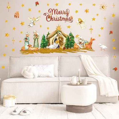 Christmas Wall Stickers Nativity Scene Wall Decals Large Holy Night Room Mural Stickers for Home Party Decor, 9.8 x 13.8 Inch, 4 Sheets