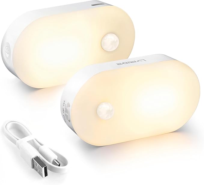 Lyridz Rechargeable Battery Night Light with Motion Sensor, Portable Mini Warm White LED Stick-on Closet Light, Adjustable Brightness for Bathroom, Bedroom, Kitchen, Cabinet, Stairs, Hallway, 2-Pack