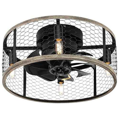 Ohniyou Caged Ceiling Fan with Light - 18'' Small Farmhouse Cage Ceiling Fan Remote Control, Flush Mount Rustic Ceiling Fan for Kitchen Bedroom