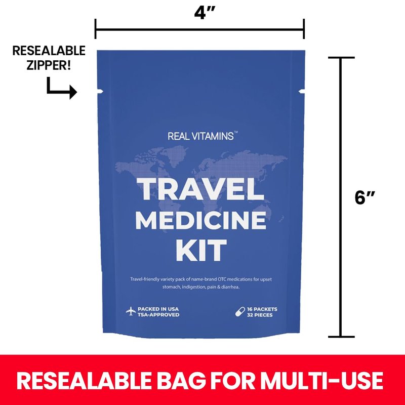 Travel Medicine Kit - 16 Pcs Individually Wrapped Packets of Ibuprofen, Bismol, Sodium Bicarbonate & Antacids - TSA-Approved Medicine Variety Pack by Real Vitamins (1 Kit)