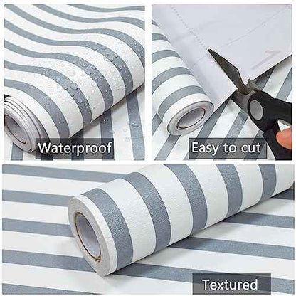 Cohoo Home Striped Peel and Stick Wallpaper Boho Contact Paper for Cabinets Grey and White Stripe Contact Paper Line Modern Wallpaper for Bedroom Self-Adhesive Removable Boy Room Shelf 17.3inW 78.7inL