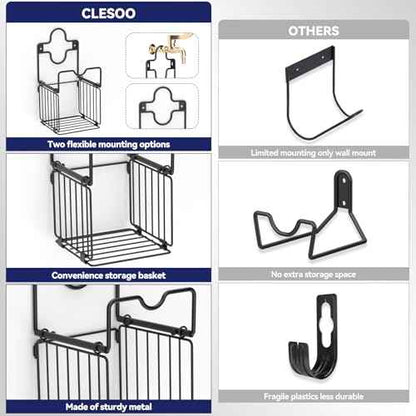 Garden Hose Holders for Outside Metal Water Hose Holder Wall Mount Hose Hanger with Storage Basket Heavy Duty Waterhose Holder for Outside Hose Rack Outdoor Hose Caddy Hook for Garden Organizer Black