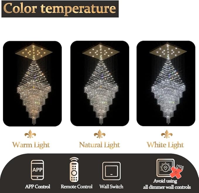 Flashing God D48''X H120'' Extra Large Chandeliers for High Ceilings Square Crystal Raindrop Gold Chandeliers Large Villa Chandelier Entrance Foyer Ceiling Light LED Dimmable 2700K-6000K