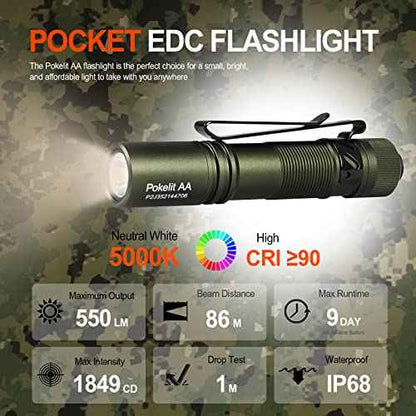 ACEBEAM Pokelit AA Rechargeable Mini Flashlight with Clip, 550 High Lumens Pocket EDC Flashlight, Super Bright Small Flashlight, 90+ High CRI Led Flashlight for Camping,Hiking,Everyday Use(Dark Green)