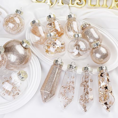 SHareconn 52pcs Christmas Balls Ornaments Set, Shatterproof Plastic Clear Decorative Baubles for Xmas Tree Decor Holiday Wedding Party Decoration with Hooks Included, Champagne