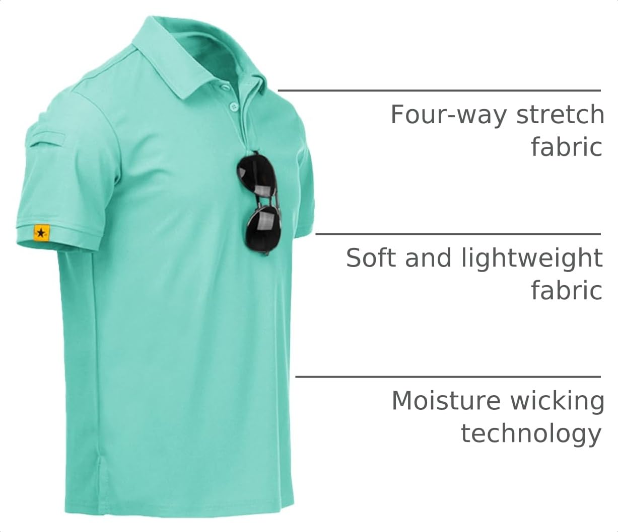 ZITY Mens Polo Shirt Short Sleeve Sports Tactical T-Shirt Athletic Golf Polos Daily Casual Stylish Collared Shirts for Men Turquoise Blue Medium