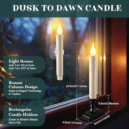 Enhon 18 Pack Battery Operated LED Window Candles, Dusk to Dawn Light Sensor, with Black Holders and Suction Cups, Ivory Christmas Window Candles, Amber Flicker Flame (Batteries AA Included)