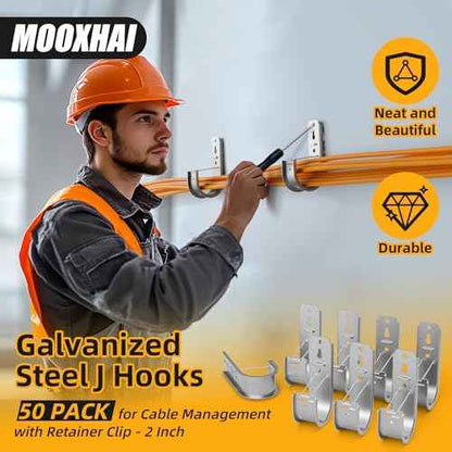 50 Pack Wall Mount J Hook with Retainer Clip,Galvanized Steel J Hooks for Cable Management,J-Hook for Hanging Cable & Wire Support Ceiling Mount to Ceilings Beams - 2 Inch