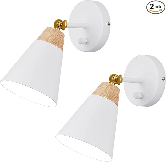 Wall Sconce Set of 2, Wall Sconce Lighting Fixture with Metal Shade, Rotary Switch, Indoor Decor Wall Mount Swing Arm Lamp for Bedroom,Hallway,Living Room,Reading, White