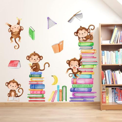 Monkey Wall Decals Animals Monkey Reading Books Wall Stickers for Baby Nursery Bedroom Classroom Wall Decor