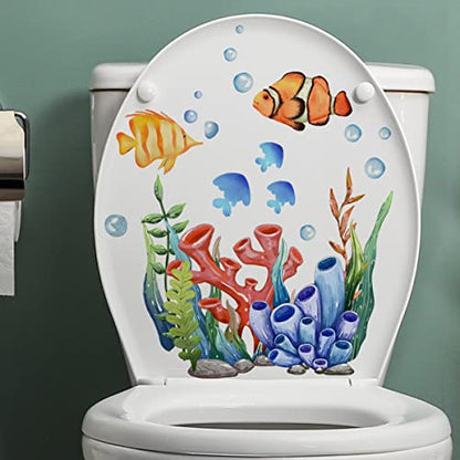 A Washroom Room WC Toilet Seat Stickers Sea and Seaweed Cartoon Underwater World Ocean Pattern 3D View PVC Wall Stickers Decor Decals Art Mural