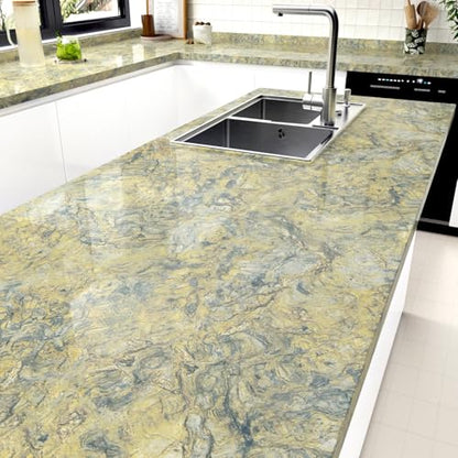 WESTICK Glossy Gold Marble Contact Paper for Countertops 15.8"x80" Yellow Marble Vinyl Wallpaper Peel and Stick Waterproof Granite Countertop Contact Paper for Tables Dresser Bathroom Sink Cabinets
