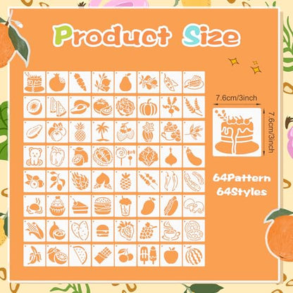 64Pcs Fruit Stencils for Painting, Reusable Vegetable Stencils Crafts Drawing Templates, Art Painting on Wood Wall Canvas,Fru & Veg Plastic Stencil for DIY Fabric Rock Home Decor (3 X 3 Inch)