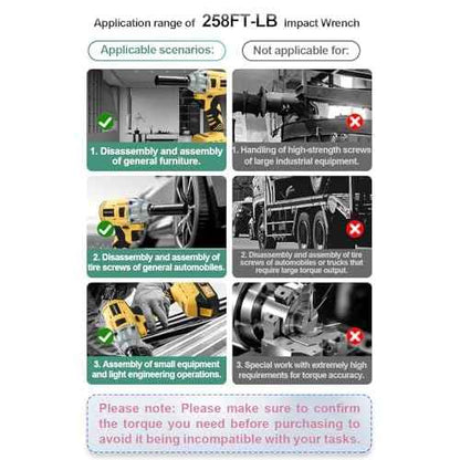 Cordless Impact Wrench 258Ft-lb (350N.m), Electric Driver for Car Tires and Home,1/2" Impact Gun with 2 Batteries and 6 Sockets, Yellow