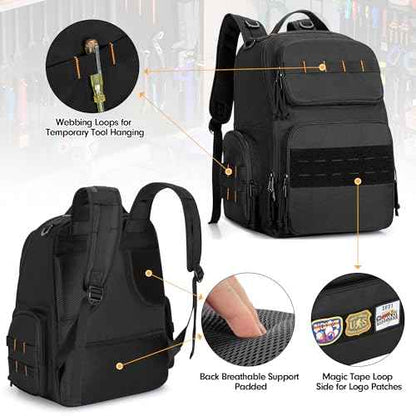 Tool Bag Backpack with 3 Tool Zipper Pouch, Tool Organizer Bag for Men with Padded Support, Tactical Tool Storage Work Bag for Repairman, Electrician, Handyman, Black (Patented Design)