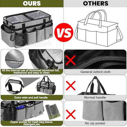 Extra large Cleaning Caddy Bag Built-in Sturdy Support Board, Cleaning Organizer with Detachable Divider, Cleaning Supply Tote with Adjustable Shoulder Strap (Grey, 19'' x 11'' x 11'')