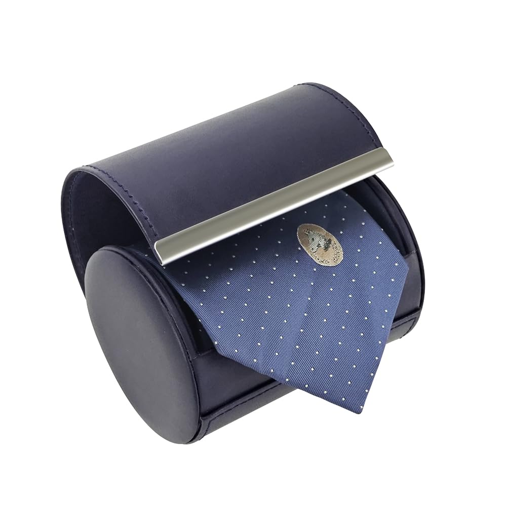 BALITIOYI Leather Tie Case Box Organizer for Men's Necktie and Bow Tie Storage Travel Gift Box (long button, Blue, 4.3" x 3.3" x 3.3")