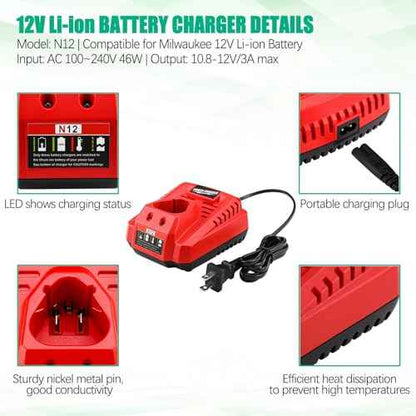 Upgraded 6500mAh Battery and Charger Set Compatible for Milwaukee 12V Power Tools M12 12V Tool Battery with Charger Kit Compatible for 48-11-2411 48-11-2440 48-11-2420 48-11-2401 48-11-2425