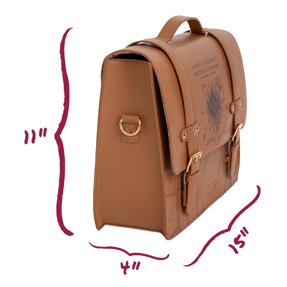 ConQuest Journals Harry Potter Marauder's Map Satchel, Vegan Leather Messenger Tote Bag, 50'' Crossbody Strap & Top Handles, Snap Buckle Closure, 2 Inside Pockets, 11'' x 15'', Officially Licensed