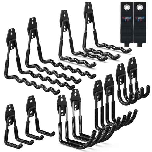 3-H Garage Hooks Heavy Duty with 2 Storage Straps, Utility Garage Wall Mount Hooks for Garden, Ladders, WeedEater, Shovel(Black)