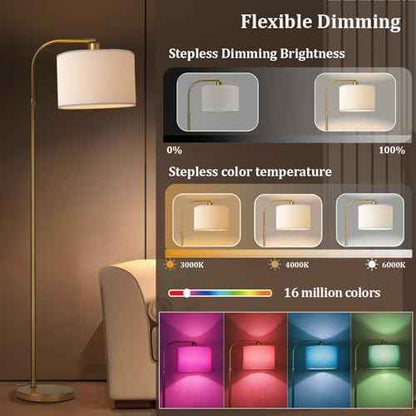 Gold Floor Lamp with Remote Control, 1200 Lumens Adjustable Height Dimmable Arc Floor Lamp for Living Room, Modern Gold Standing Lamp for Bedroom, Office, LED Smart Bulb Included