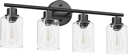 4-Light Black Bathroom Light Fixtures, E26 Modern Vanity Lights for Bathroom with Clear Glass Shade, Wall Lamps for Mirror Hallway Kitchen Cabinet Living Room Sconces Lights