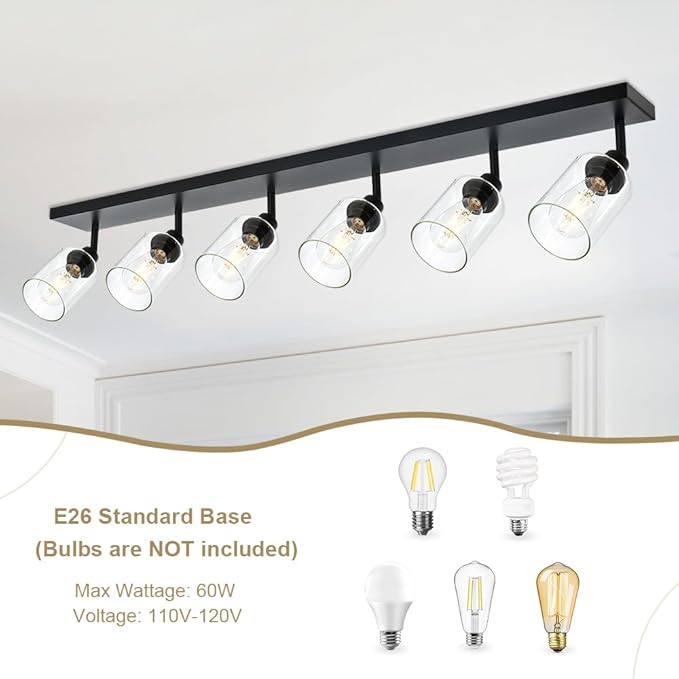 VINLUZ 6 Light Multi-Directional Rotating Metal Ceiling Spotlight with Adjustable Track Heads Classic Bathroom Vanity Wall Lighting with Clear Shade in Black Finish