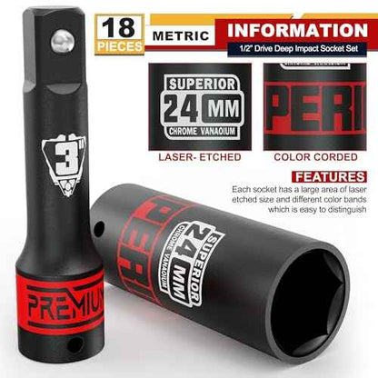 18 Piece 1/2" Drive Deep Impact Socket Set, 10mm - 24mm, with Extension Bars:3-inch, 5-inch, 10-inch, Metric, 6-Point, CR-V Steel, Automotive Maintenance, Machinery Manufacturing