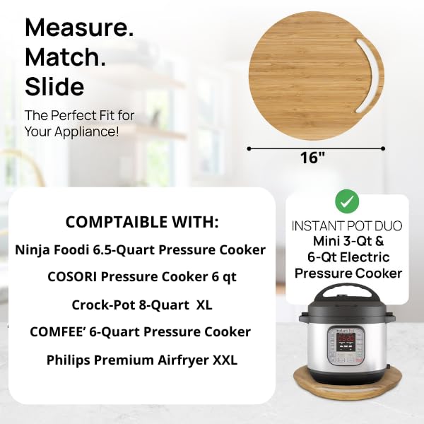 Ibyx Elegant Round Sliding Tray for Your Pressure Cooker, Air Fryer & Heavy Kitchen Appliances - Sturdy, Slides Easily from Under The Cabinet (Natural, 13”)