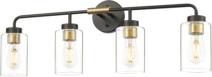 zeyu Farmhouse 4-Light Bathroom Vanity Light, 30 Inch Bathroom Lights Over Mirror, Black and Gold Finish with Clear Glass, ZS62B-4W BK+BG